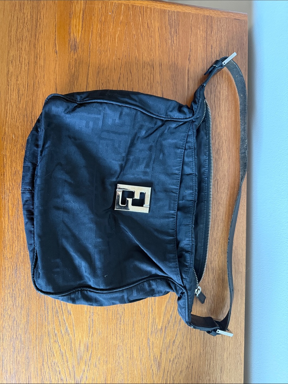 Fendi Zucca Print Black Nylon Shoulder Bag with Silver Hardware